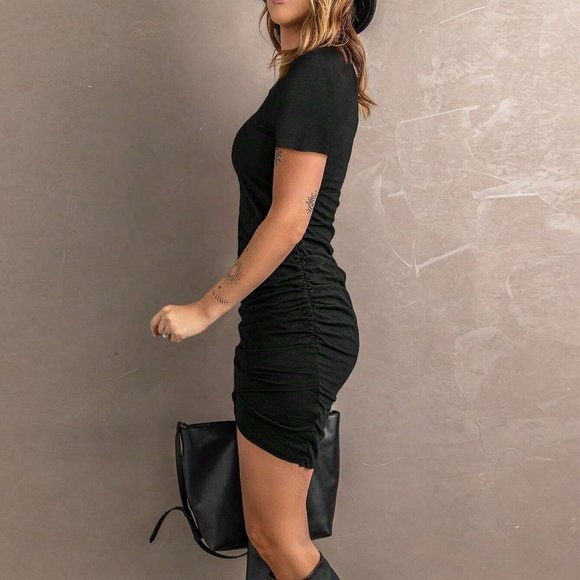 Casual  Ruched Tulip Hem Mini Dress Black - Picture 5 of 5